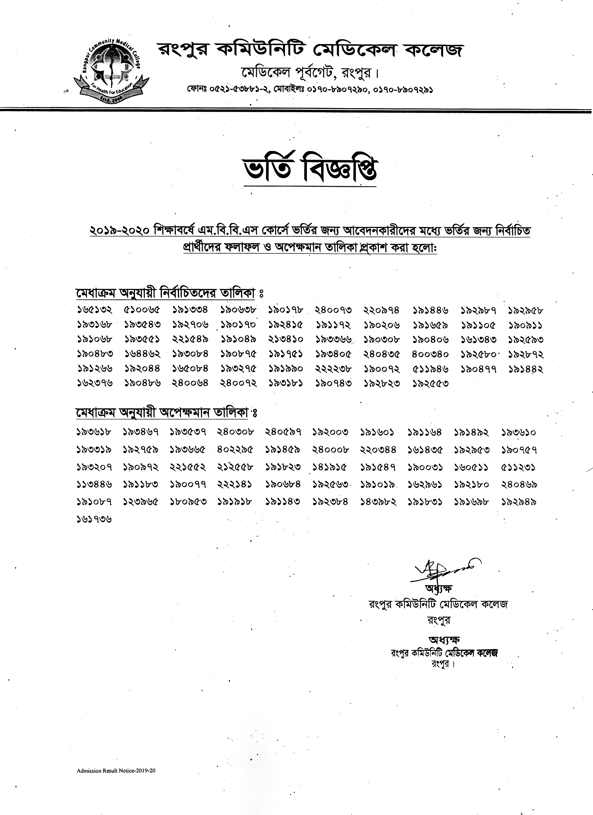 MBBS admission test result of Rangpur Community Medical College (RCMC)